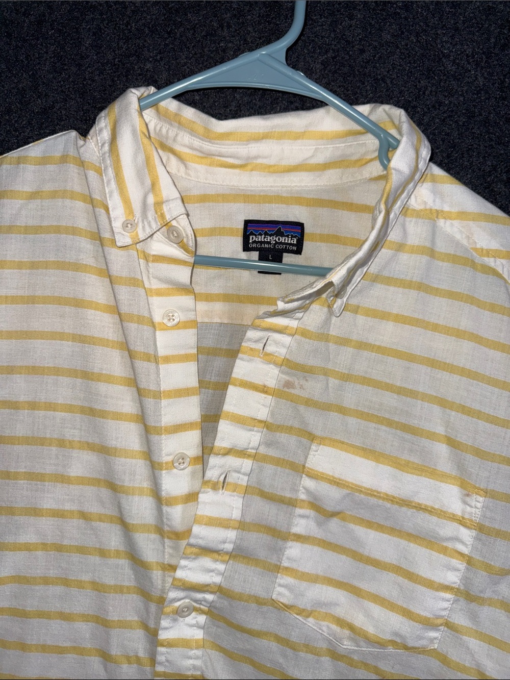 Patagonia Organic Cotton Short Sleeve Button Down Shirt Yellow White Striped L